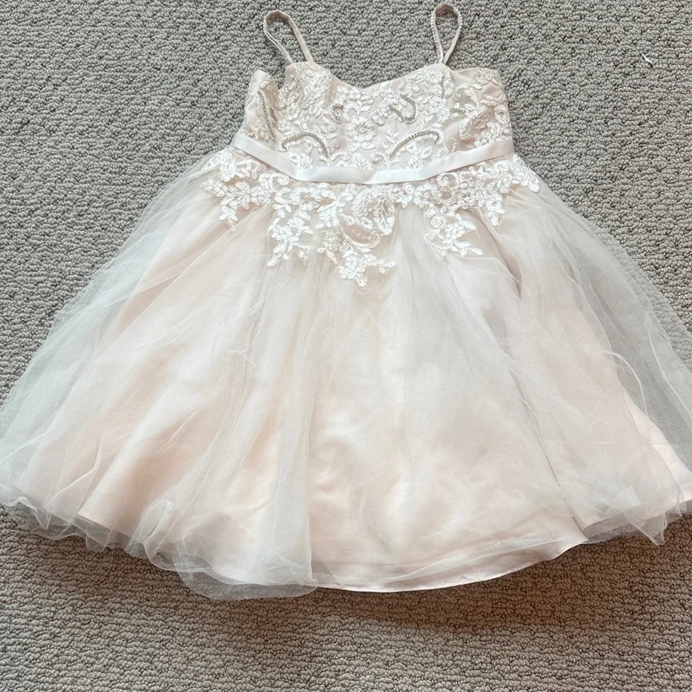 David's Bridal Girls Pale Blush Lace Tulle Formal Dress - Picture 3 of 4